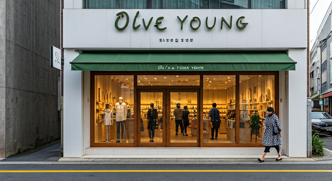 Olive Young store exterior with shoppers in Myeongdong, Seoul