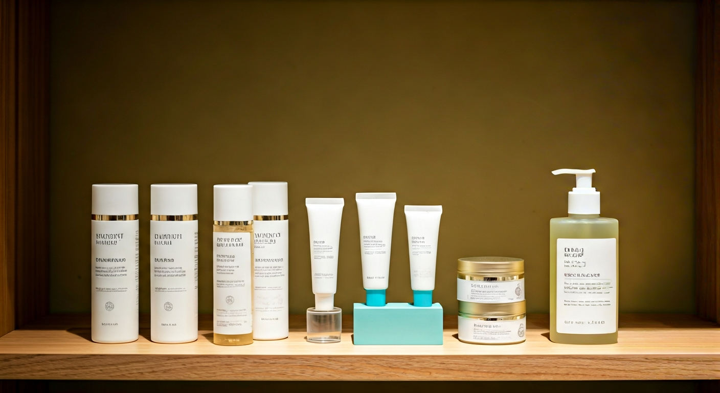 Affordable Korean skincare products like cleansers, toners, creams on a shelf