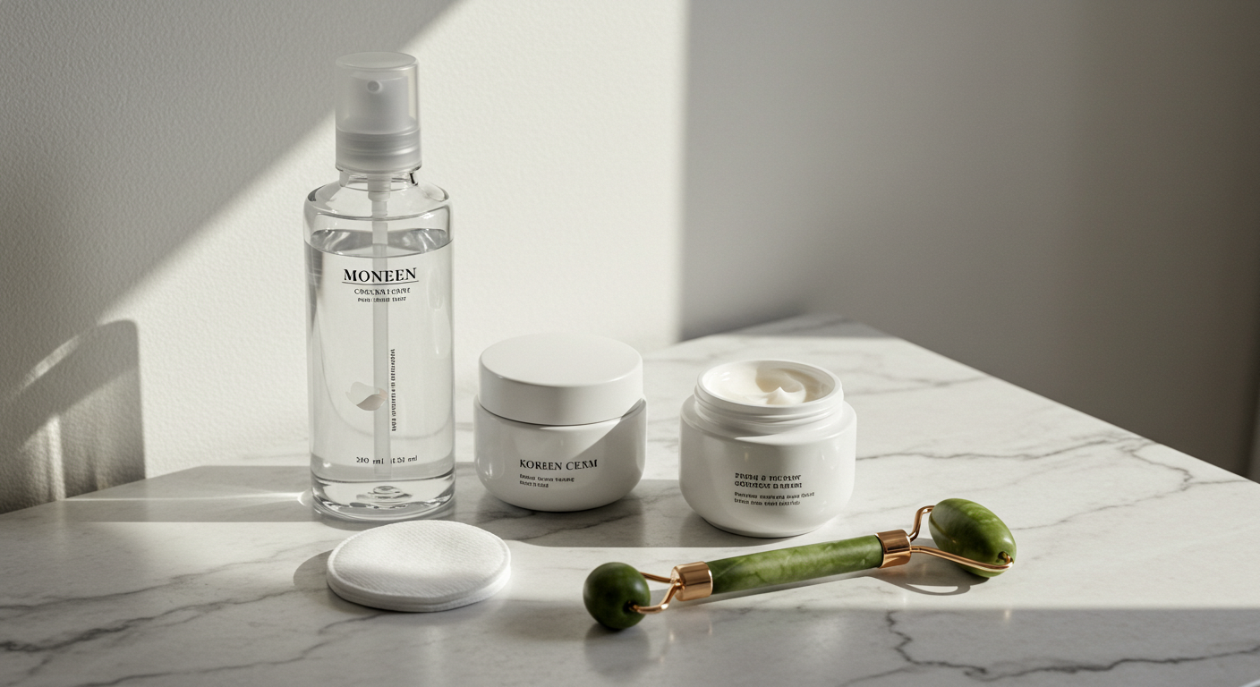 Minimalist Korean skincare routine essentials, clean aesthetic