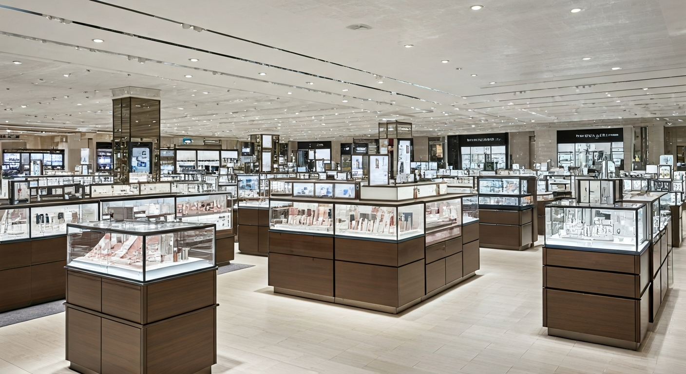 Interior of a luxury department store beauty section in Seoul, elegant displays