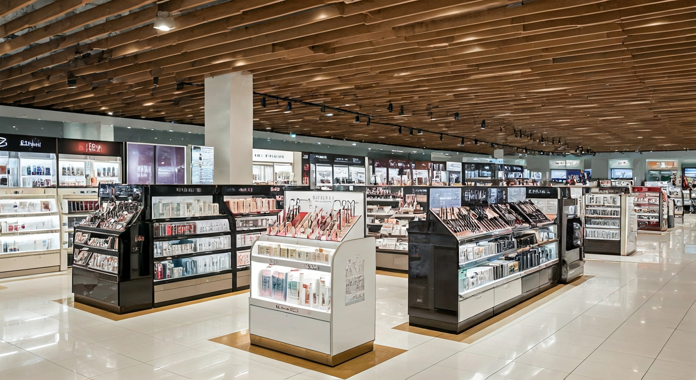 Duty-free shop interior at Incheon Airport, cosmetics section with various brands