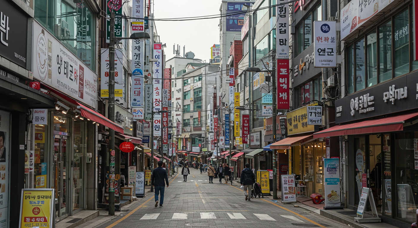 Myeongdong shopping street in Seoul during the day, active shoppers but not overly touristy