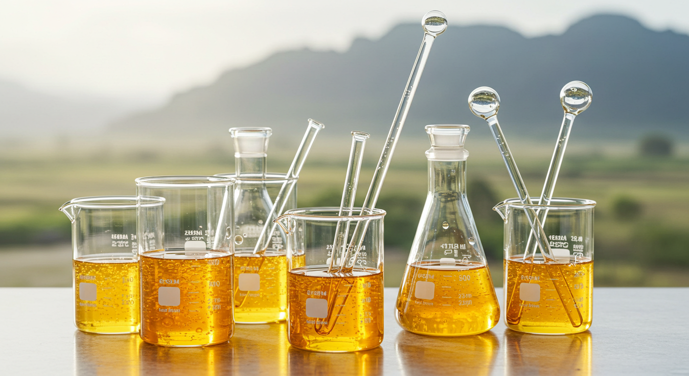 Fermented skincare essence, laboratory beakers