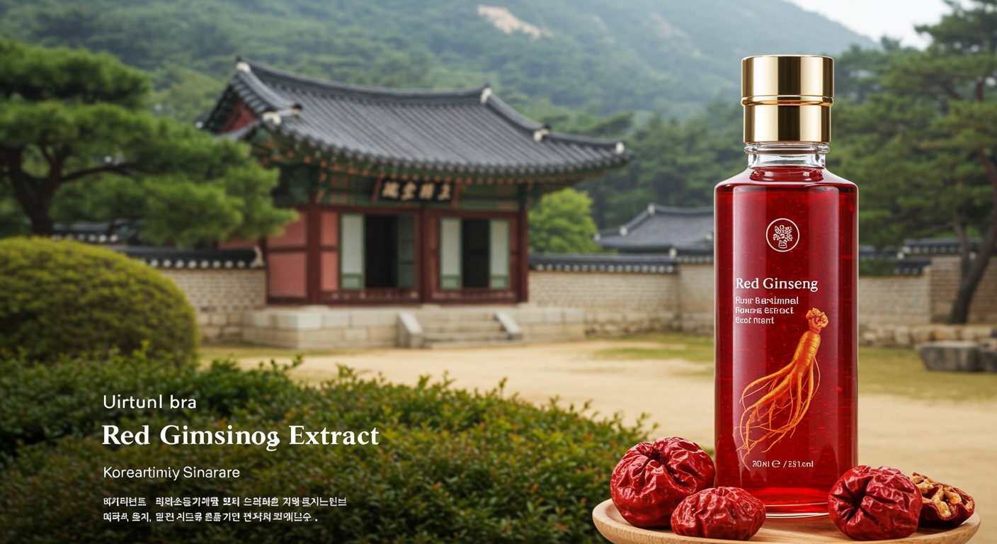 Red ginseng root extract bottle, traditional Korean beauty ingredient