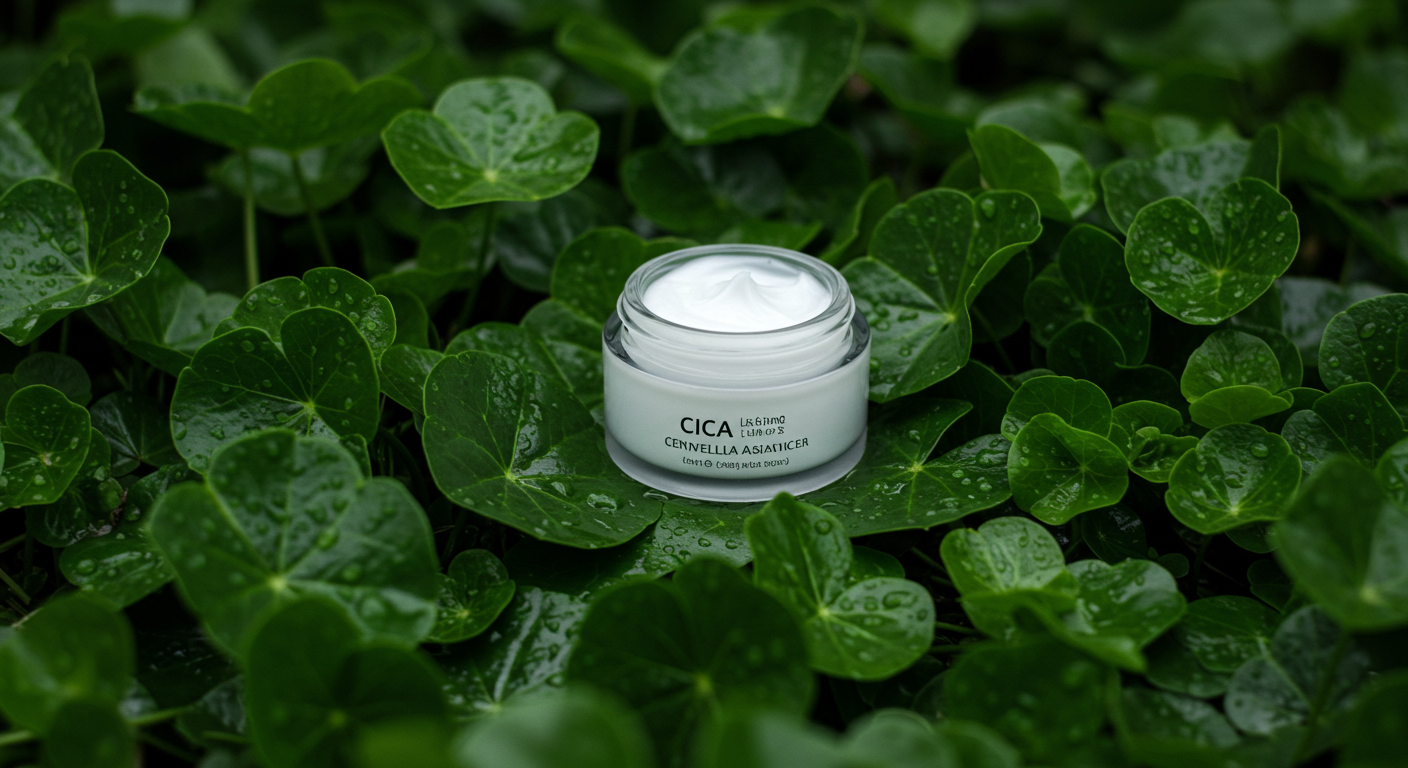 Cica cream jar, green Centella Asiatica plant leaves