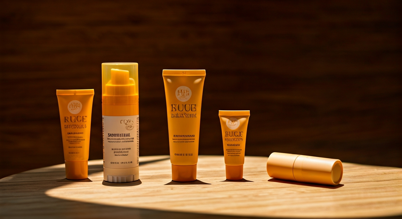 various types of sunscreen products on a table, including stick and essence