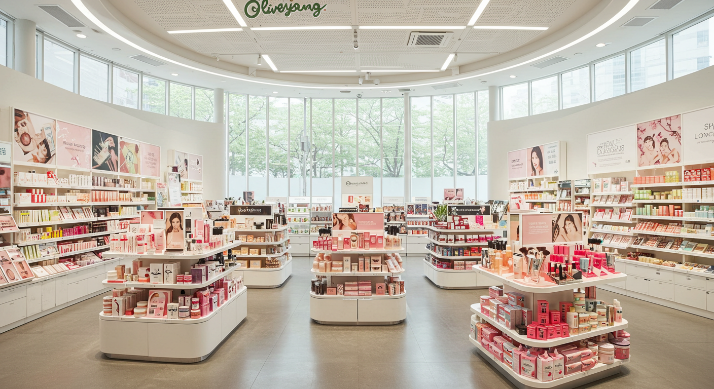 inside a brightly lit Olive Young store, display shelves of K-beauty products