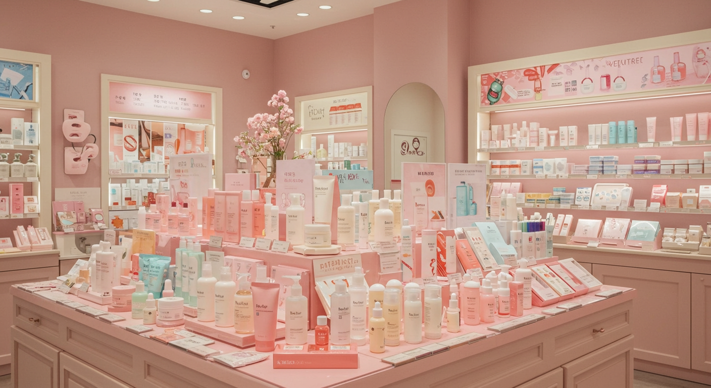 Korean skincare products on display, vibrant K-beauty shop interior