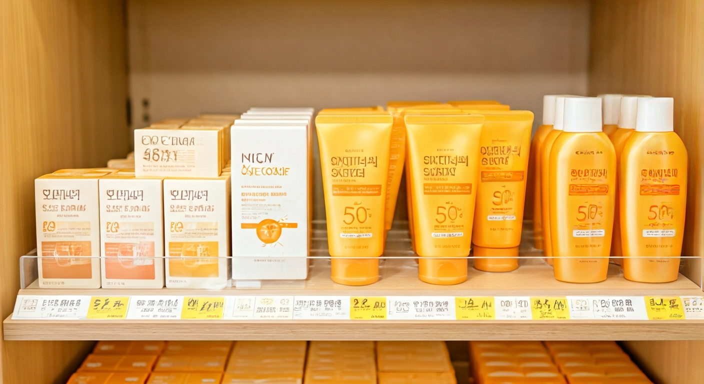 shelf display of popular Korean sunscreen brands, clearly visible packaging