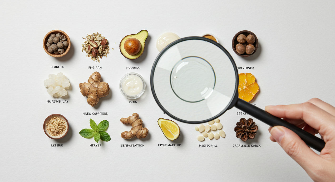 K-Beauty ingredient list, magnifying glass, clean aesthetic