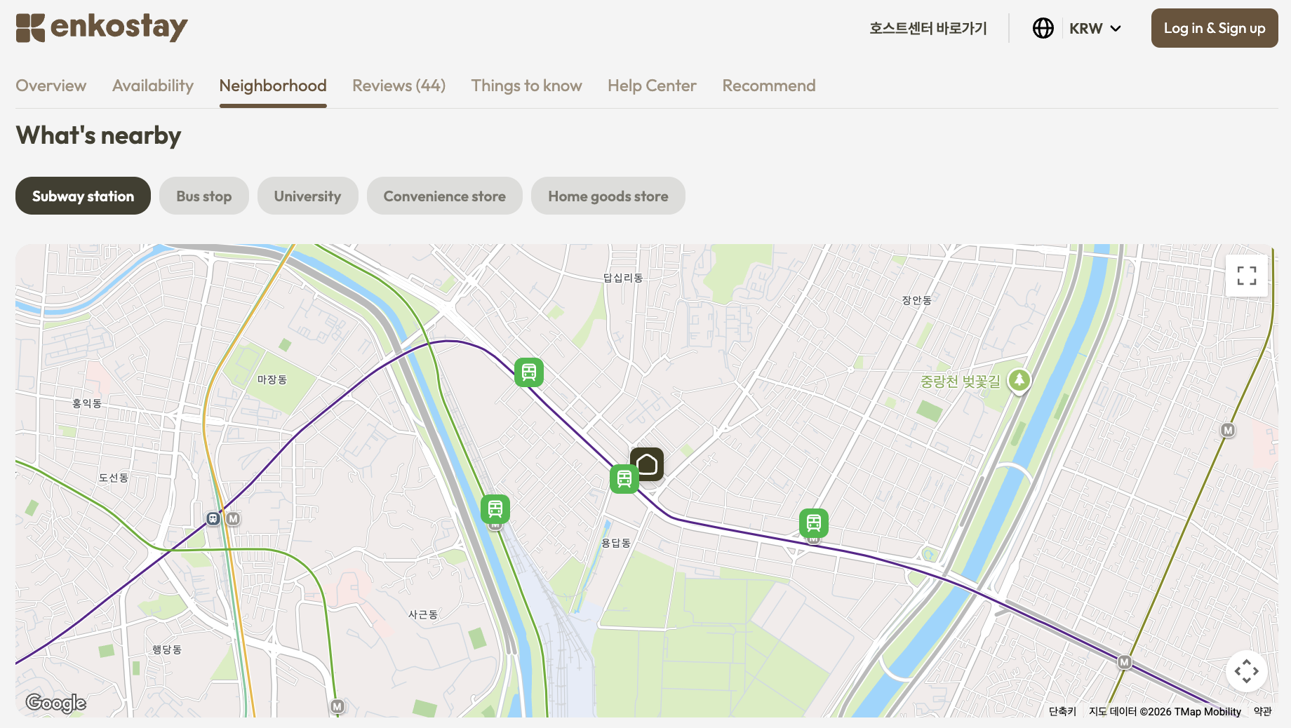 Enkostay map showing nearby subway stations and transit lines for a selected stay.