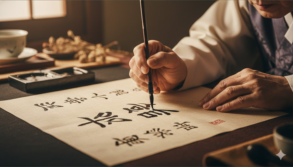 A Saju master meticulously analyzing a destiny chart.