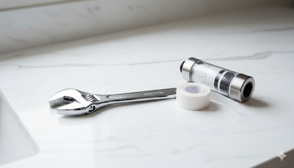 Metal wrench and filter placed on white marble surface.