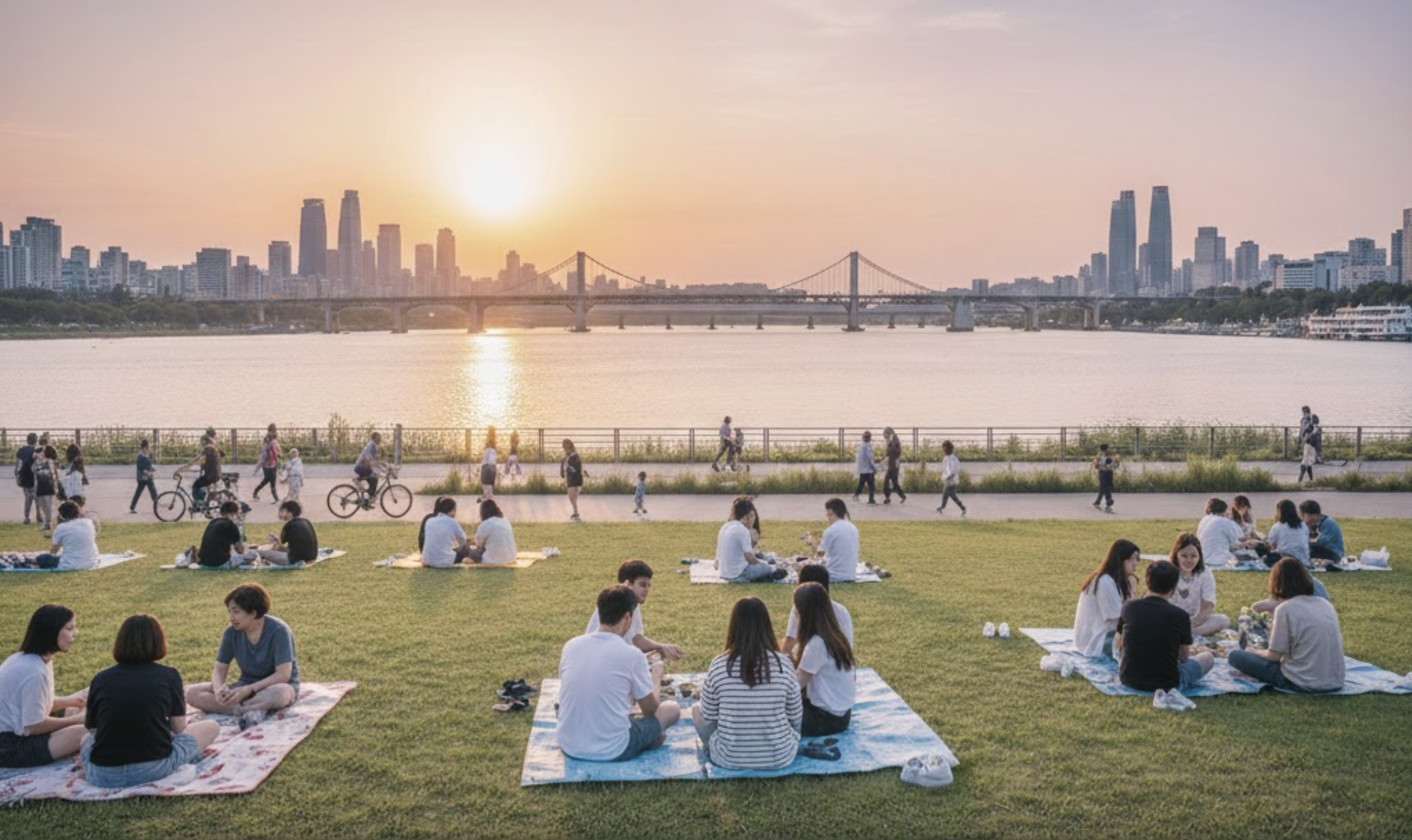 Wide cinematic shot of Han River sunset and grass