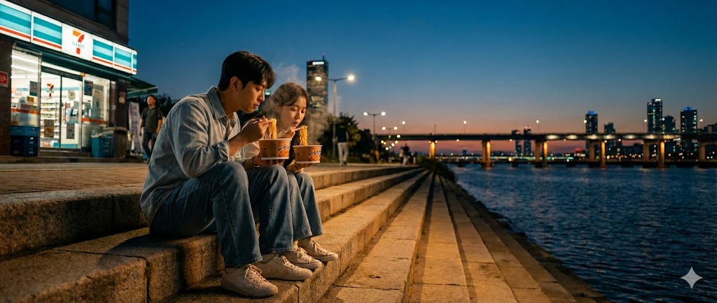 Instant ramen in foil container at river park