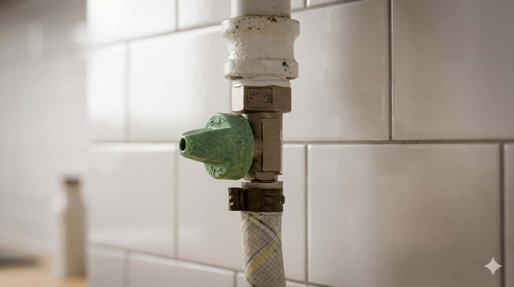 Close up of a red gas valve turned horizontally to the pipe.