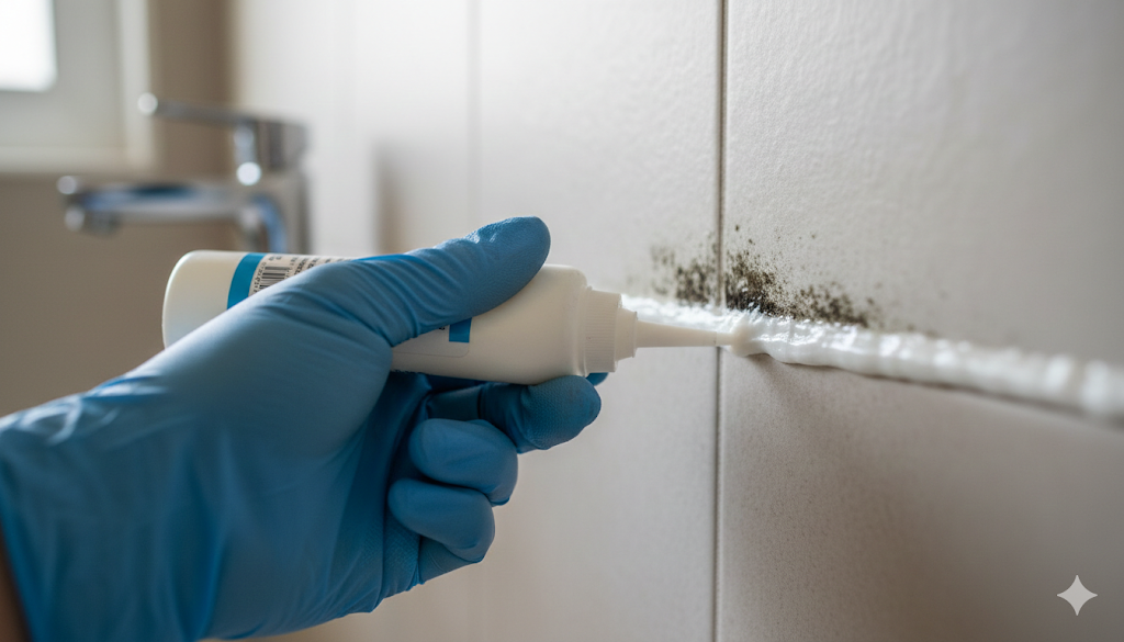 Gel mold remover applied on bathroom silicone caulk.