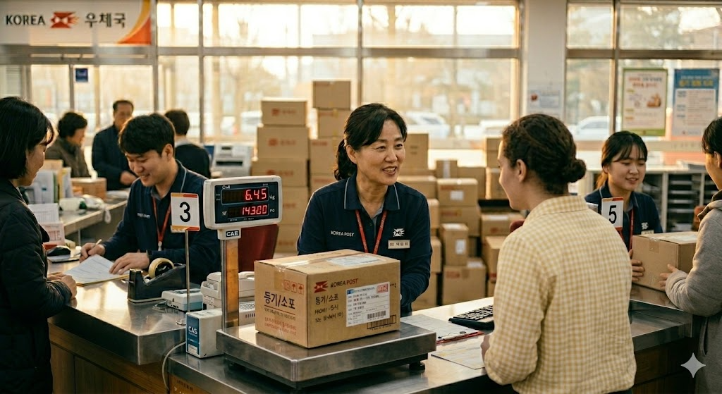 Post office workers serving customers at the counter