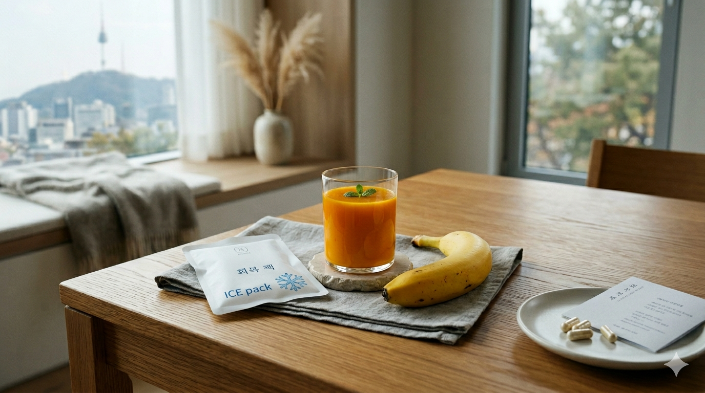 Glass of pumpkin juice, fresh banana, and ice pack