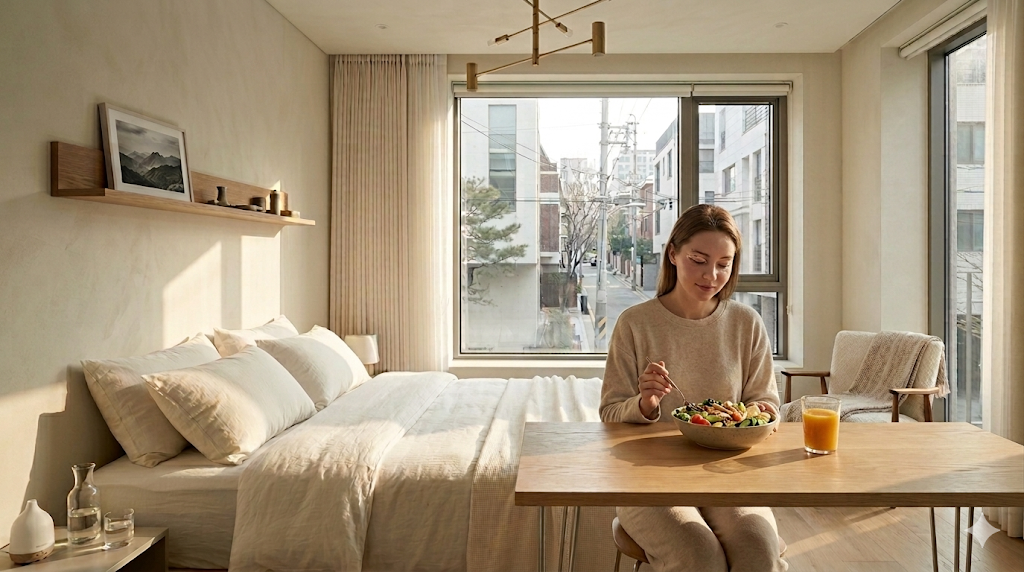 Woman eating salad and pumpkin juice at a sunny bedroom table