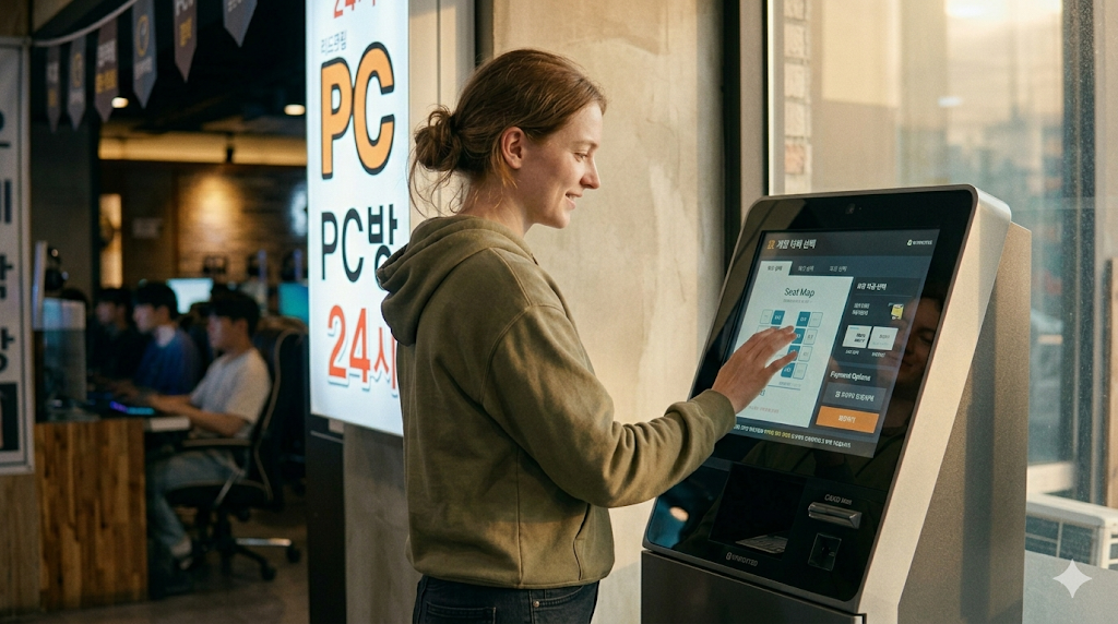 Customer using PC Bang kiosk for seat selection