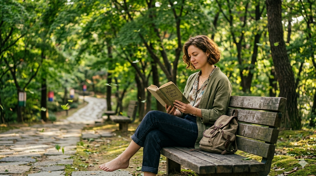 Woman reading book on wooden bench in nature