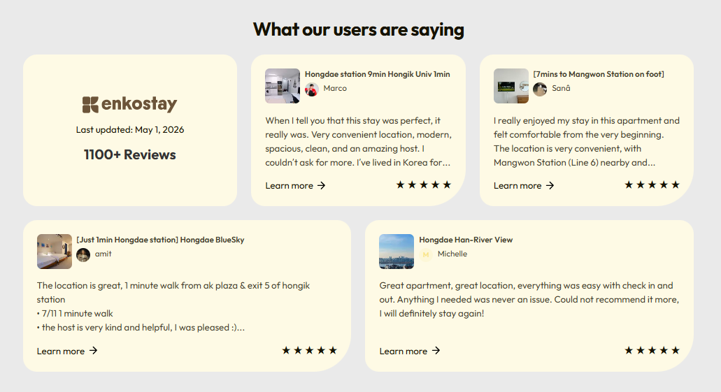 Customer reviews showing high satisfaction with Enkostay services