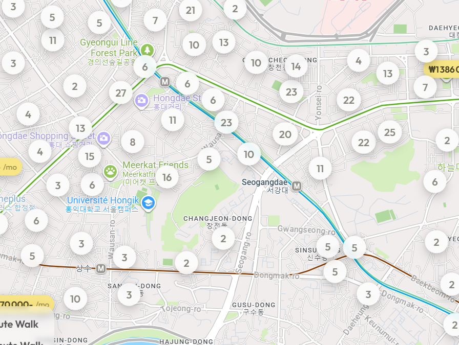 A map of the Hongdae neighborhood in Seoul showing the number of available accommodations on the Enkostay website