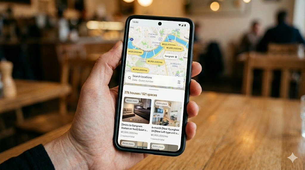 Person holding smartphone displaying Enkostay map based search