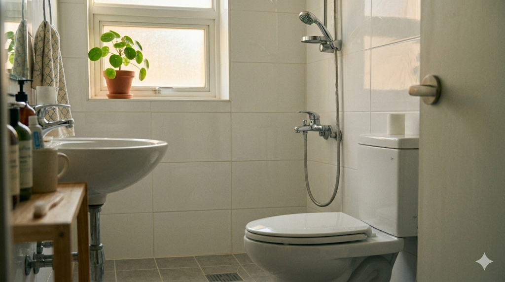 Clean modern private bathroom with natural light