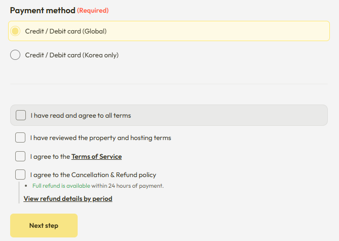 Global credit card payment method rental contract terms