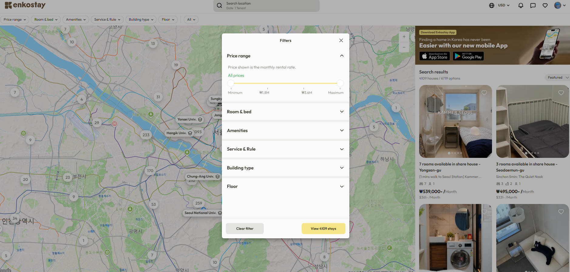 Narrow down listings using Enkostay's price and room filters