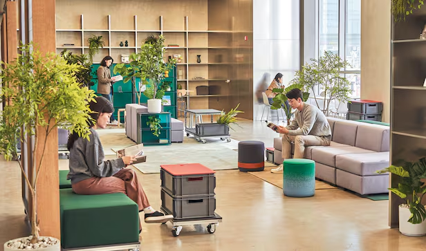 Co-living spaces offer shared lounges for work and relaxation